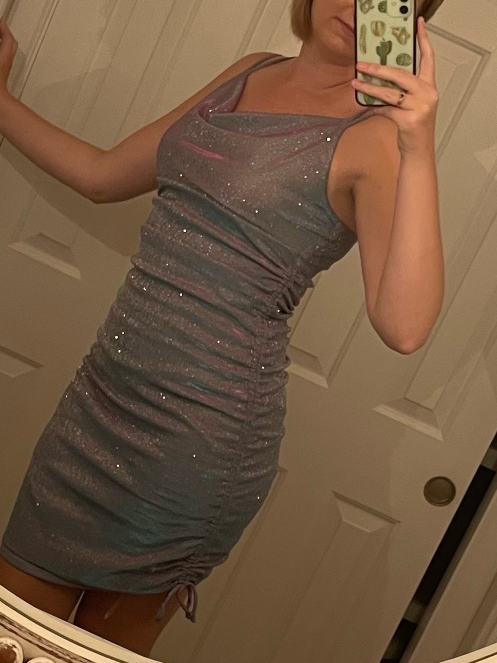 BCX Iridescent Sparkle Cowl Neck Mini Dress - Silver Blue
